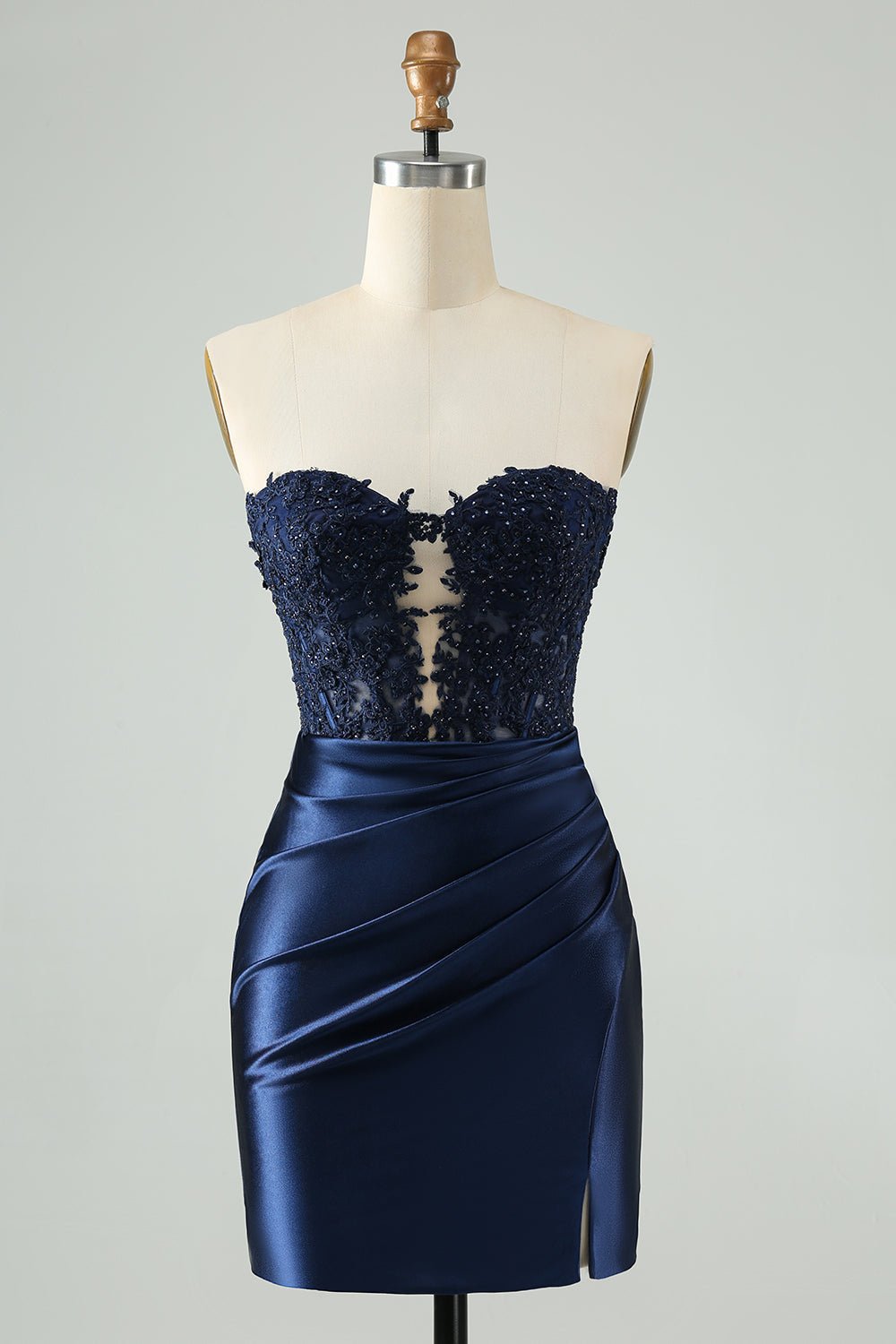 Royal Blue Strapless Bodycon Mini Dress with Beaded Lace Bodice & Front Cutout - Image 5