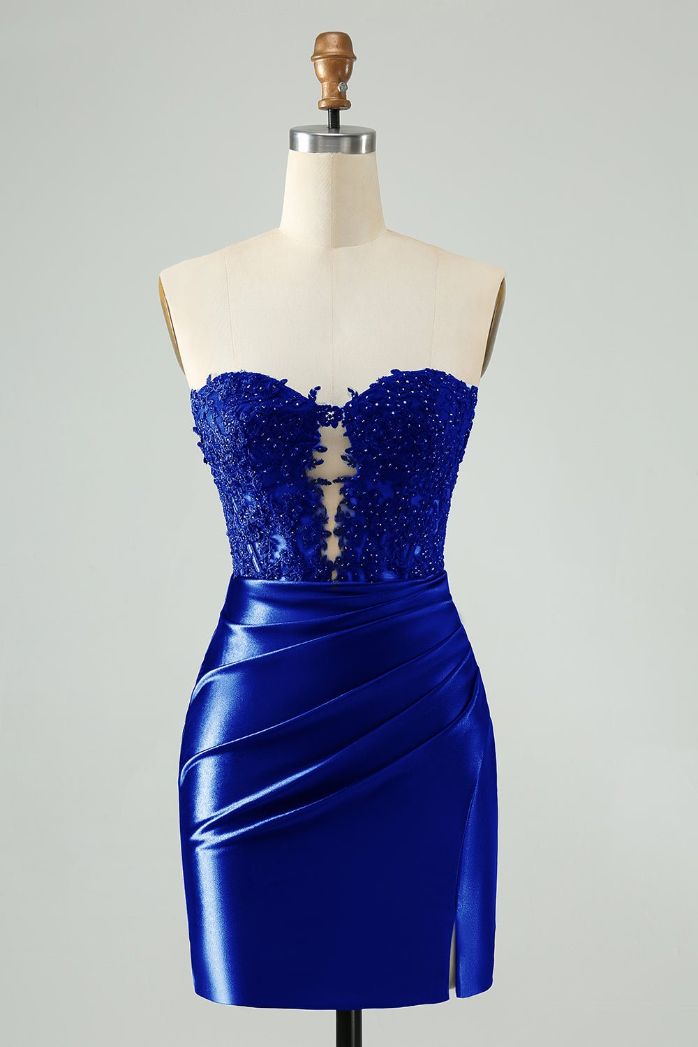 Royal Blue Strapless Bodycon Mini Dress with Beaded Lace Bodice & Front Cutout
