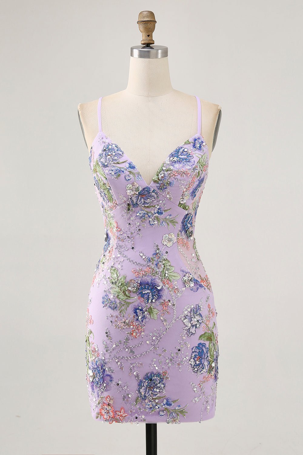 Pink Floral Sequin Bodycon Homecoming Dress with Lace-Up Back - Image 9