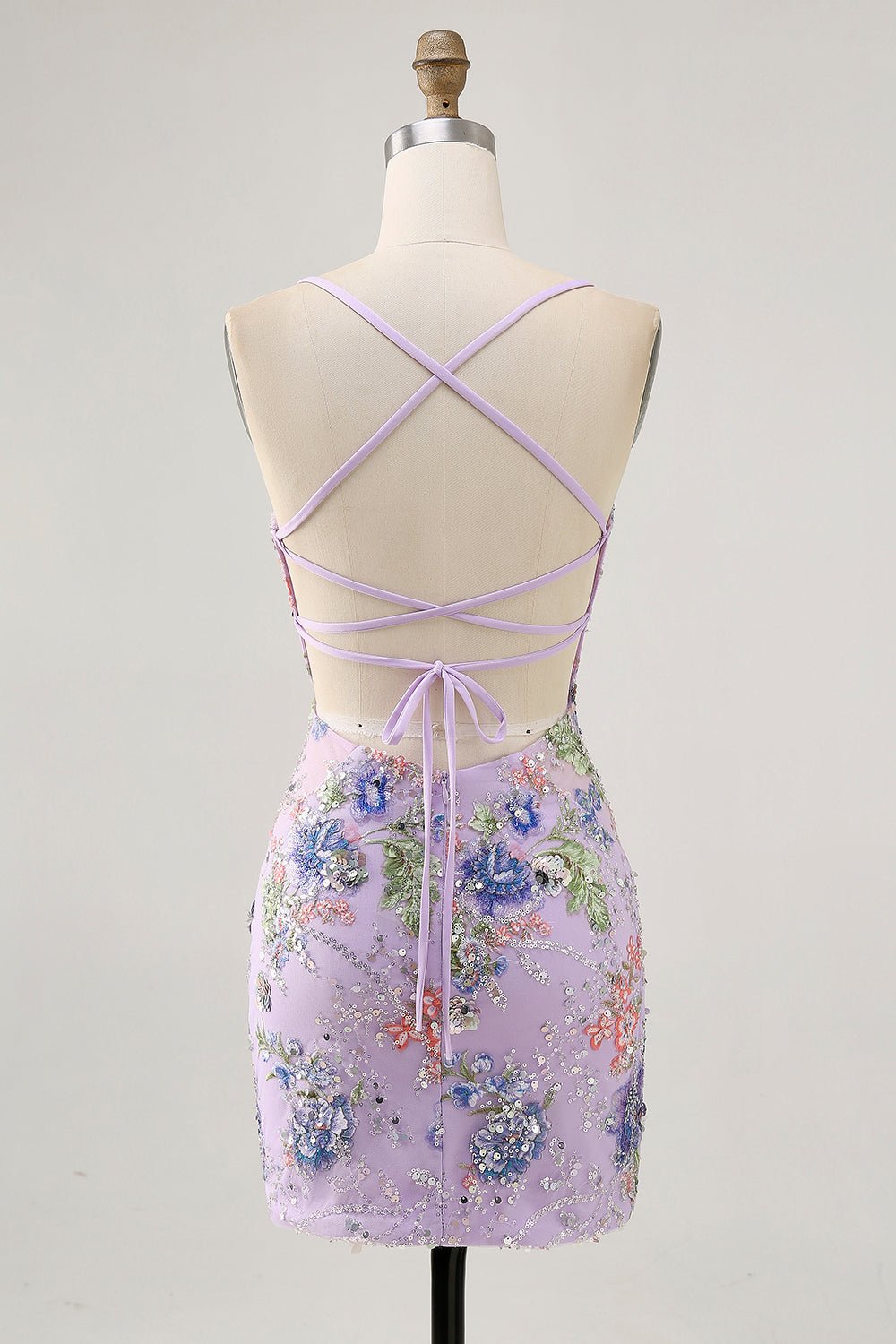 Pink Floral Sequin Bodycon Homecoming Dress with Lace-Up Back - Image 10