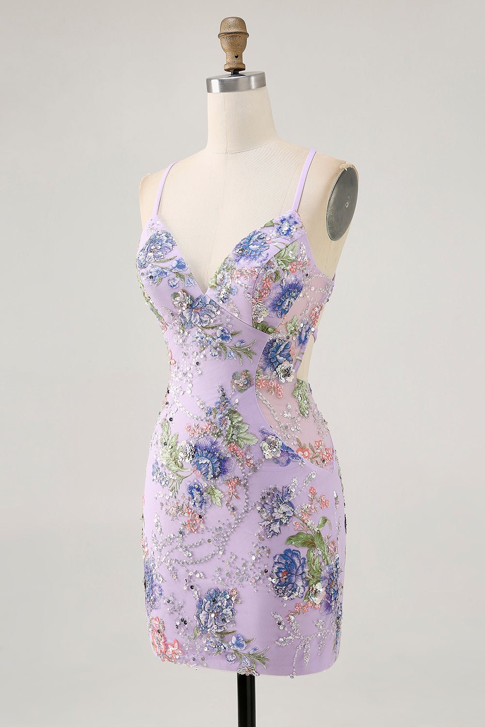 Pink Floral Sequin Bodycon Homecoming Dress with Lace-Up Back - Image 11