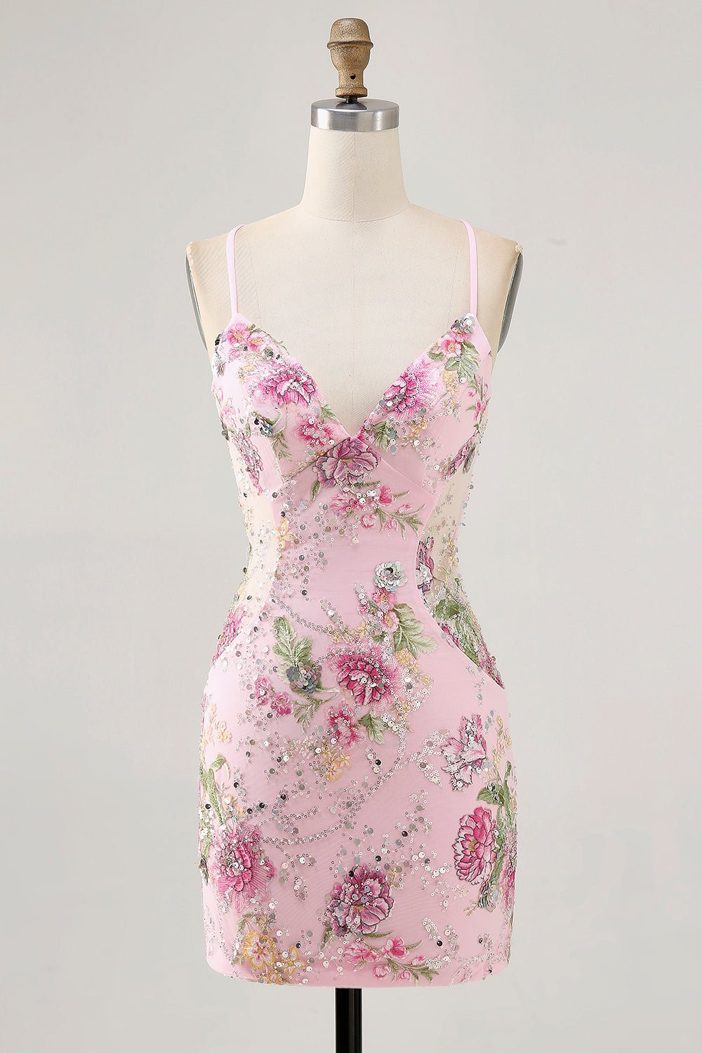Pink Floral Sequin Bodycon Homecoming Dress with Lace-Up Back