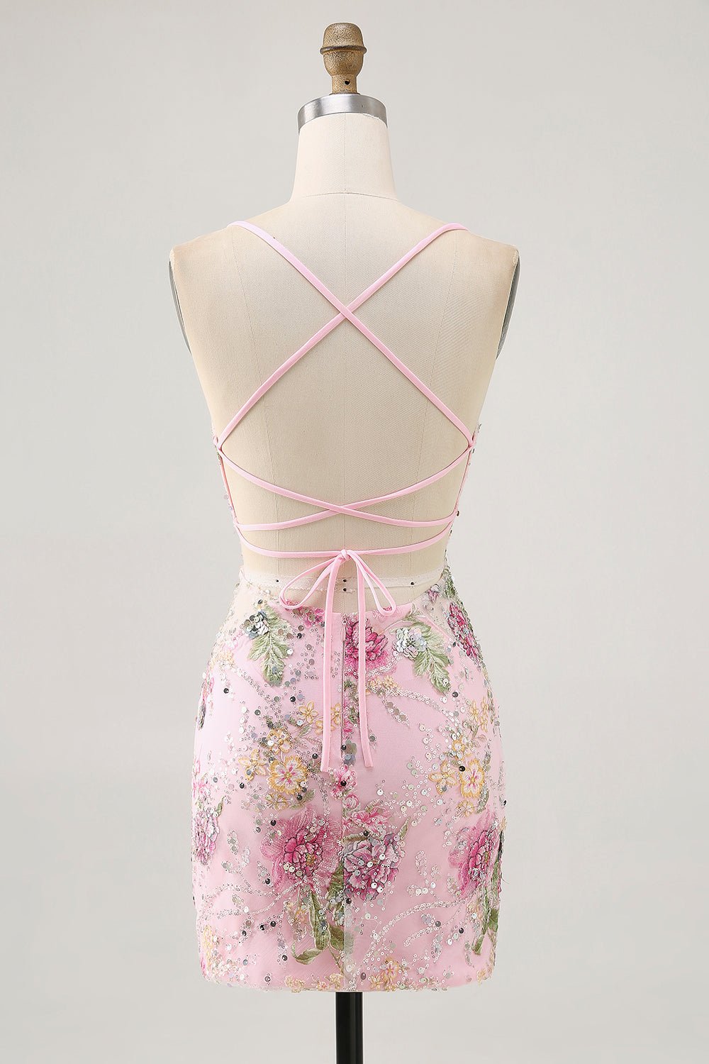 Pink Floral Sequin Bodycon Homecoming Dress with Lace-Up Back - Image 2