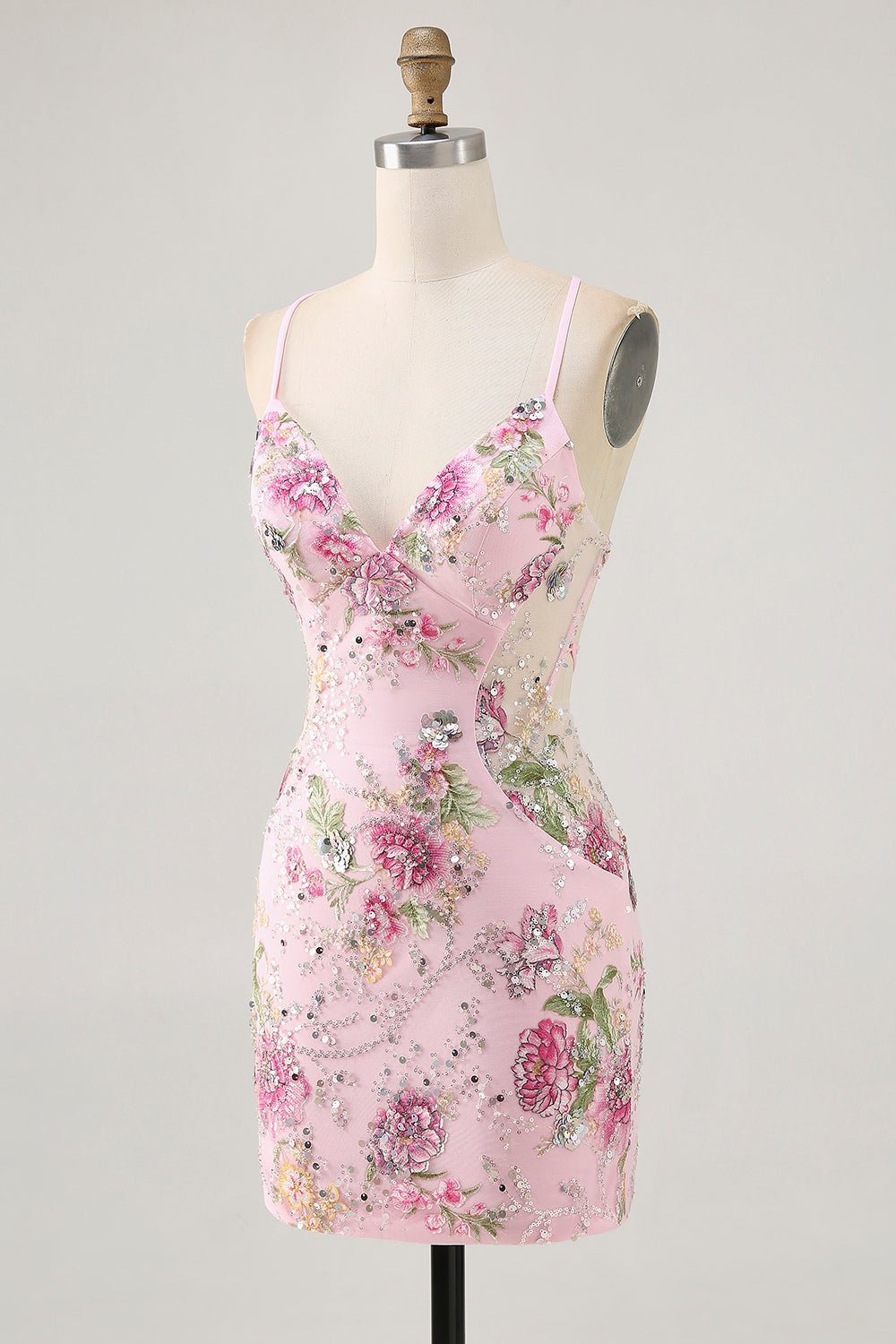 Pink Floral Sequin Bodycon Homecoming Dress with Lace-Up Back - Image 5