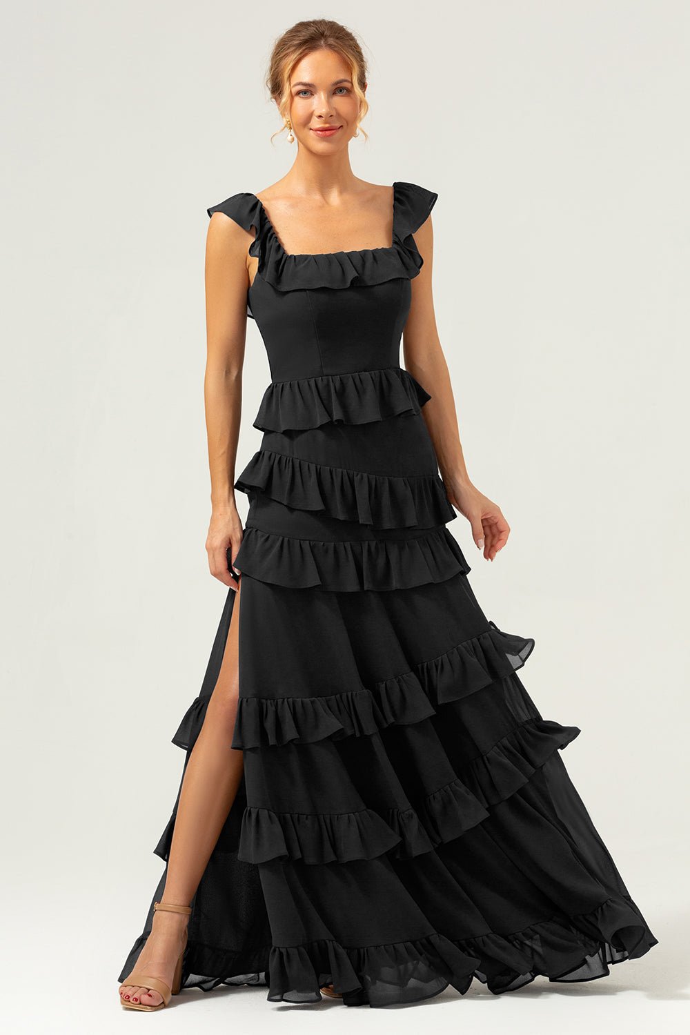 Dark Navy Tiered Chiffon A-Line Maxi Bridesmaid Dress with Ruffle Sleeves - Image 9