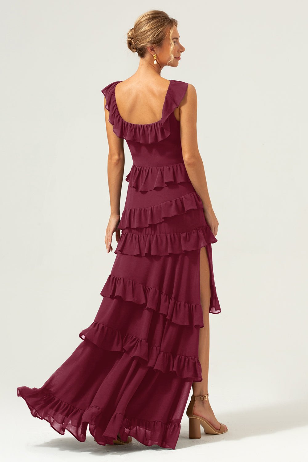 Dark Navy Tiered Chiffon A-Line Maxi Bridesmaid Dress with Ruffle Sleeves - Image 16
