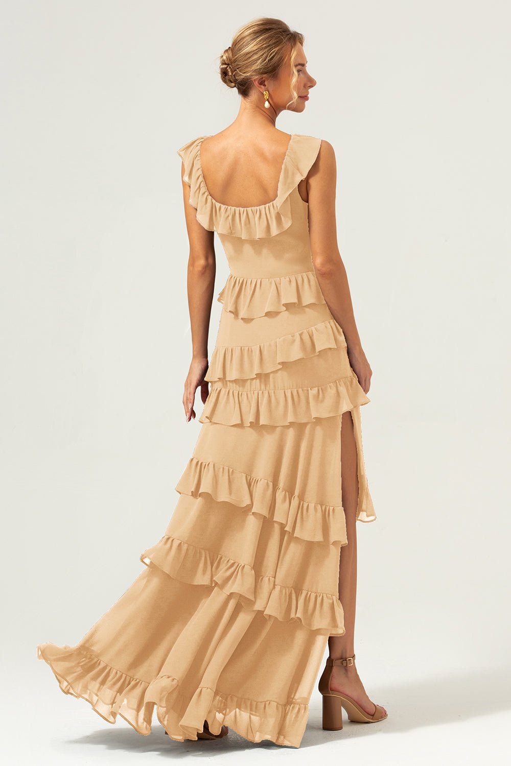 Dark Navy Tiered Chiffon A-Line Maxi Bridesmaid Dress with Ruffle Sleeves - Image 22