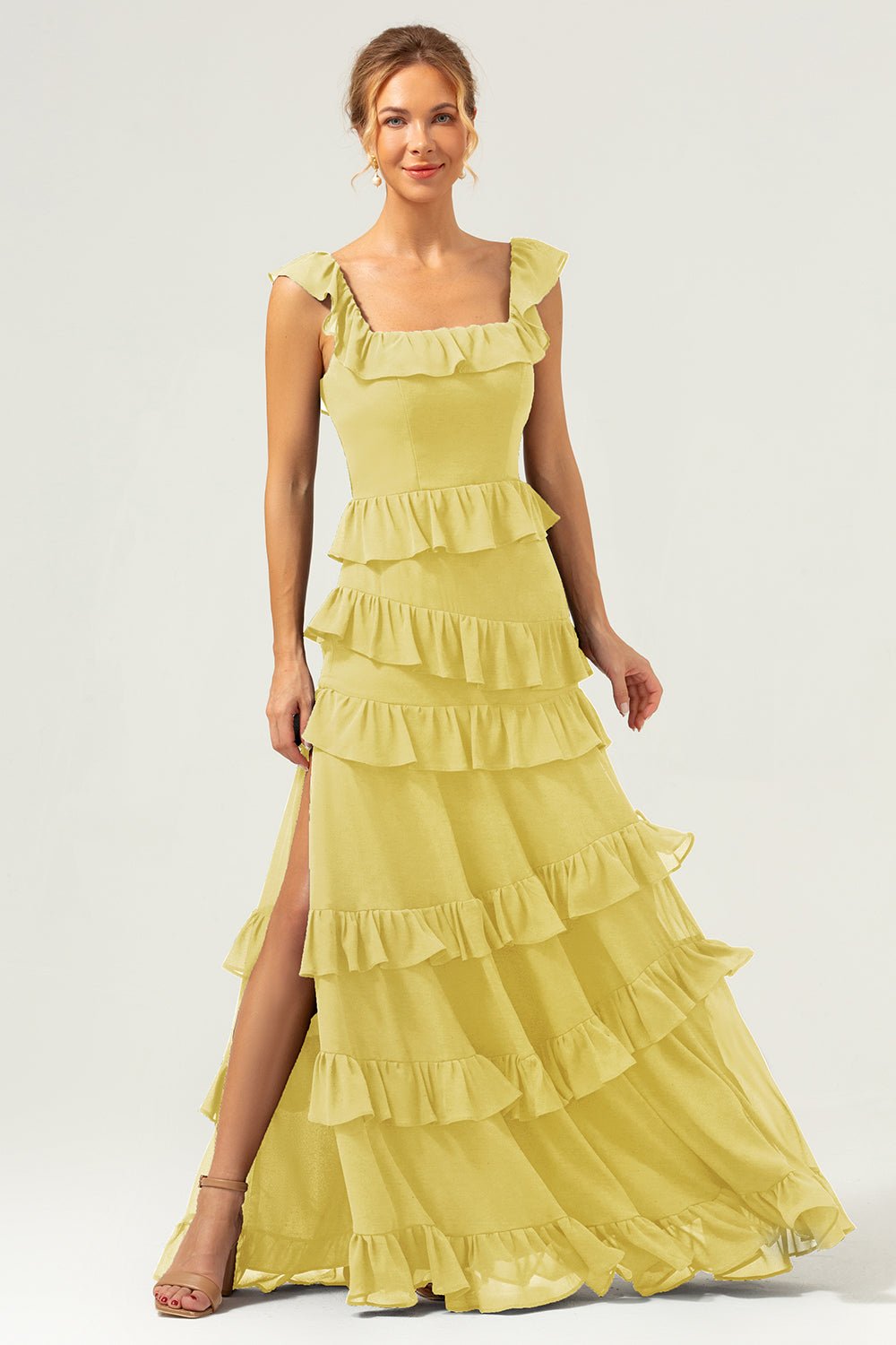 Dark Navy Tiered Chiffon A-Line Maxi Bridesmaid Dress with Ruffle Sleeves - Image 27