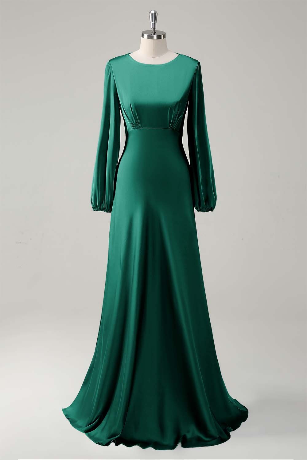 Modest Sage Long Sleeve Bridesmaid Gown with Round Neck A-Line Silhouette - Image 11