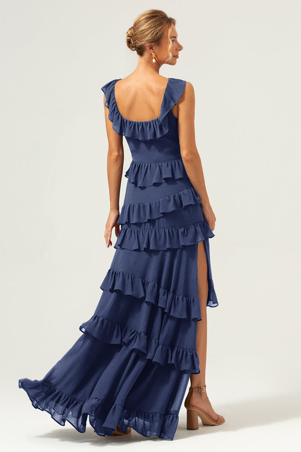 Dark Navy Tiered Chiffon A-Line Maxi Bridesmaid Dress with Ruffle Sleeves - Image 32