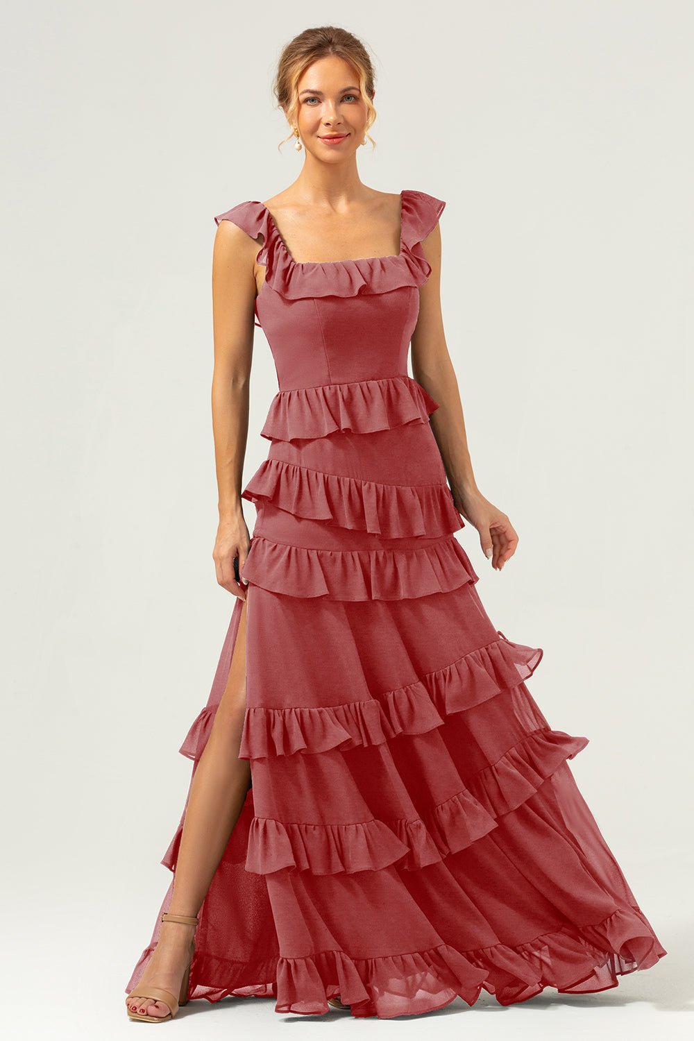 Dark Navy Tiered Chiffon A-Line Maxi Bridesmaid Dress with Ruffle Sleeves - Image 33