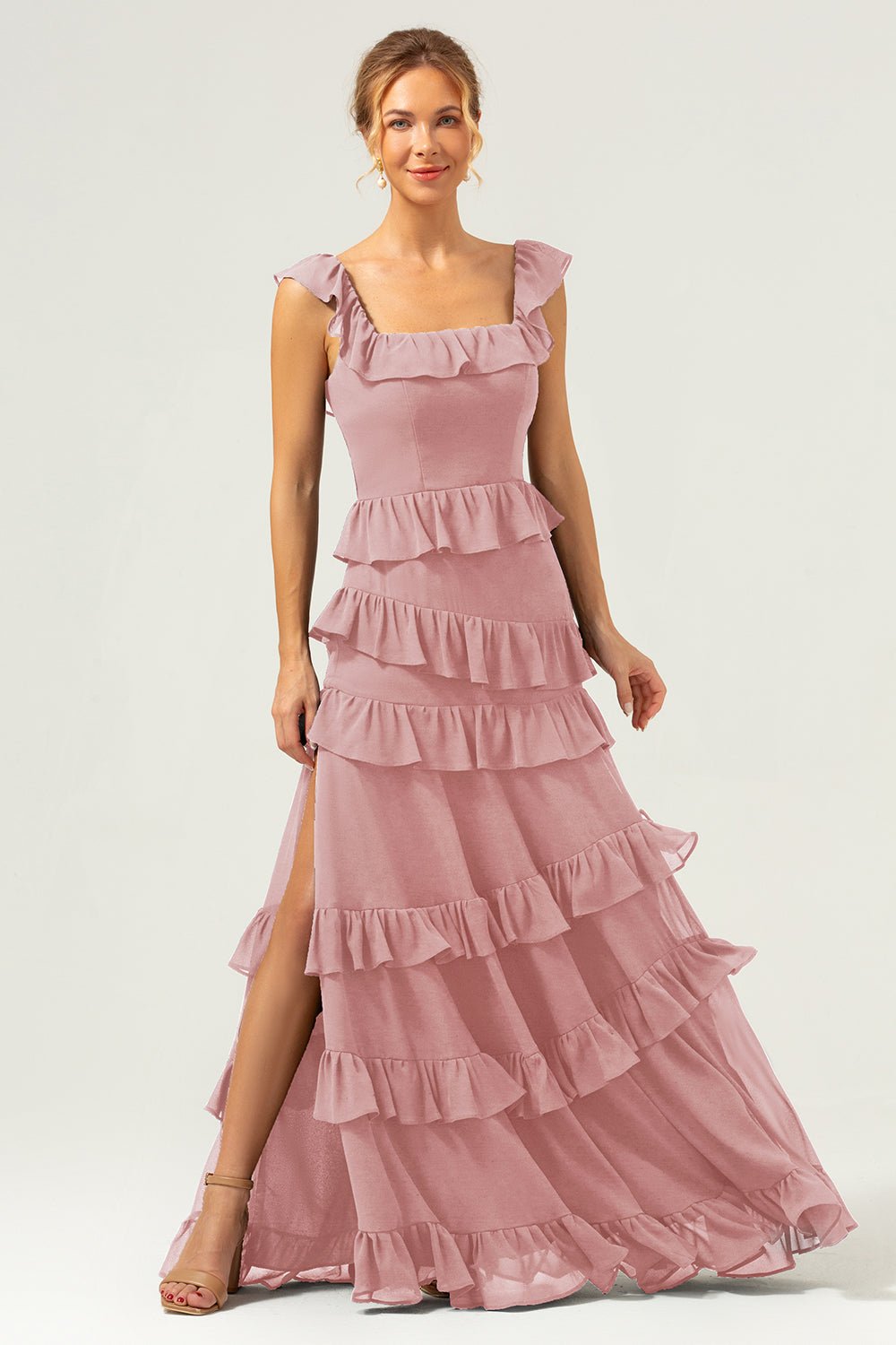 Dark Navy Tiered Chiffon A-Line Maxi Bridesmaid Dress with Ruffle Sleeves - Image 35