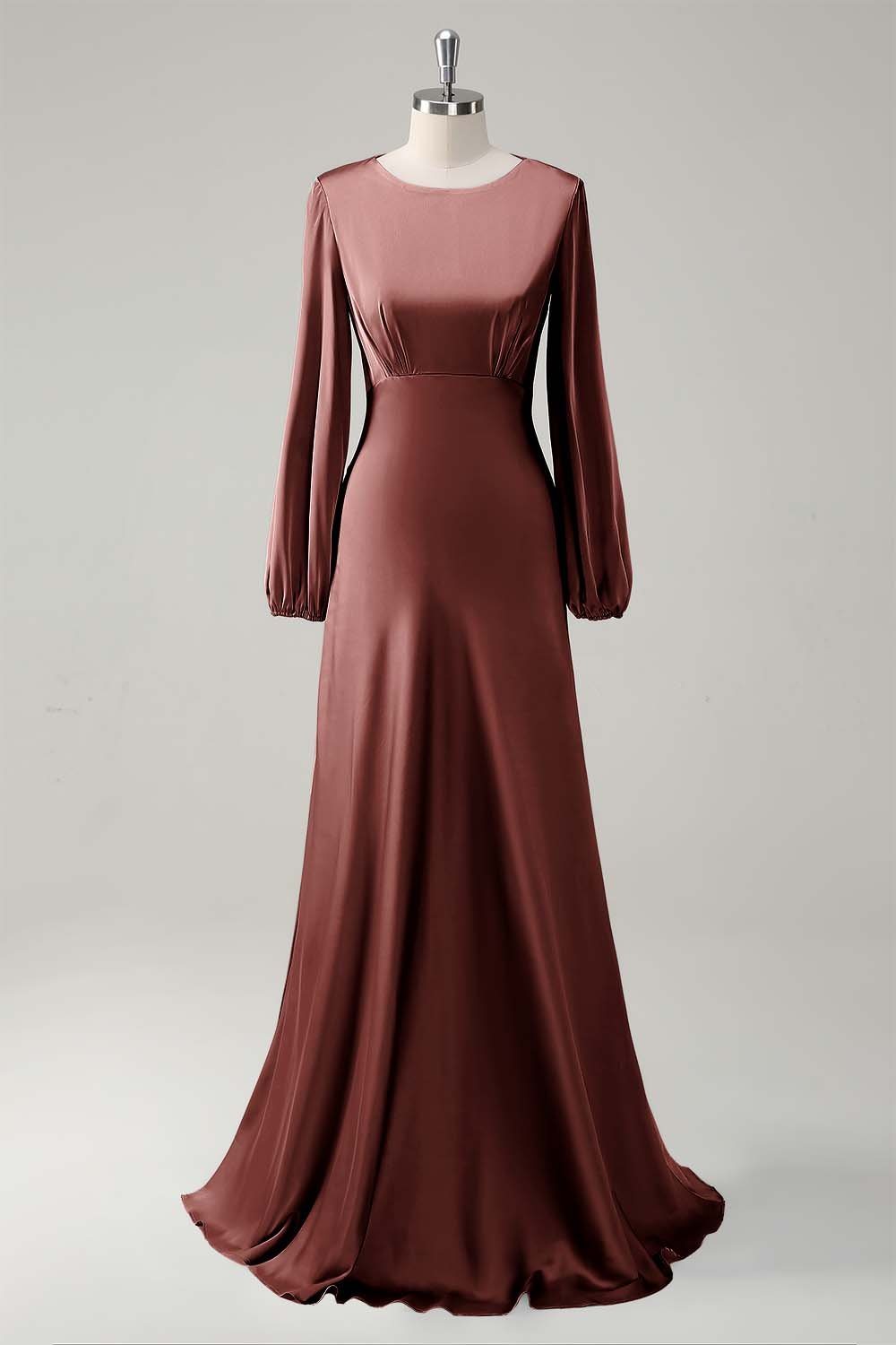 Modest Sage Long Sleeve Bridesmaid Gown with Round Neck A-Line Silhouette - Image 17