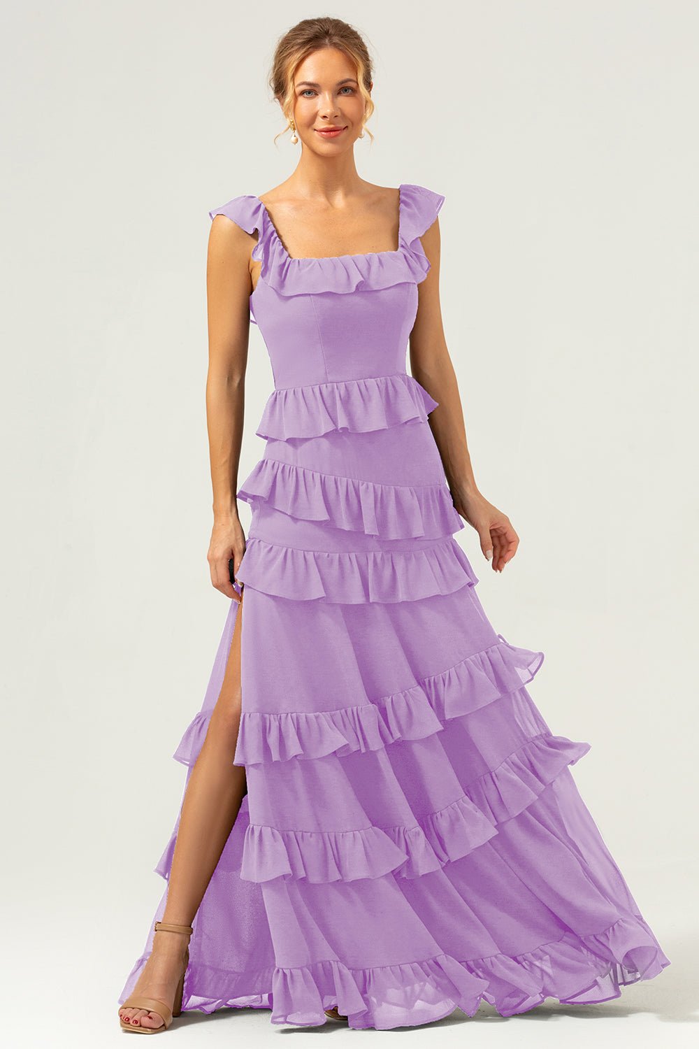 Dark Navy Tiered Chiffon A-Line Maxi Bridesmaid Dress with Ruffle Sleeves - Image 59