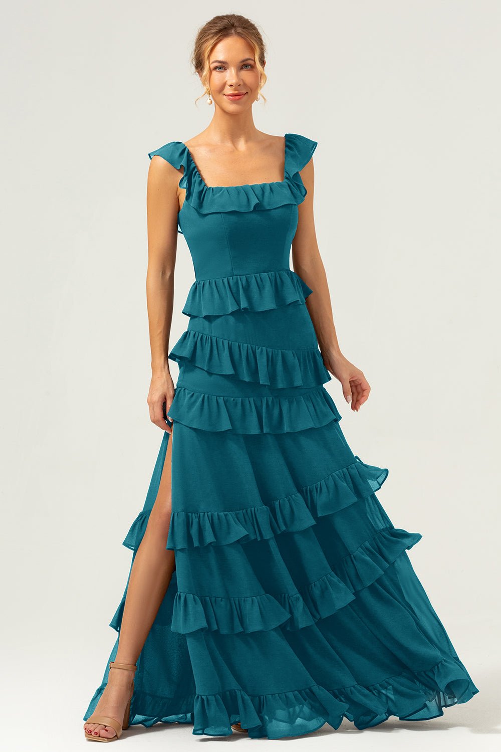 Dark Navy Tiered Chiffon A-Line Maxi Bridesmaid Dress with Ruffle Sleeves - Image 73