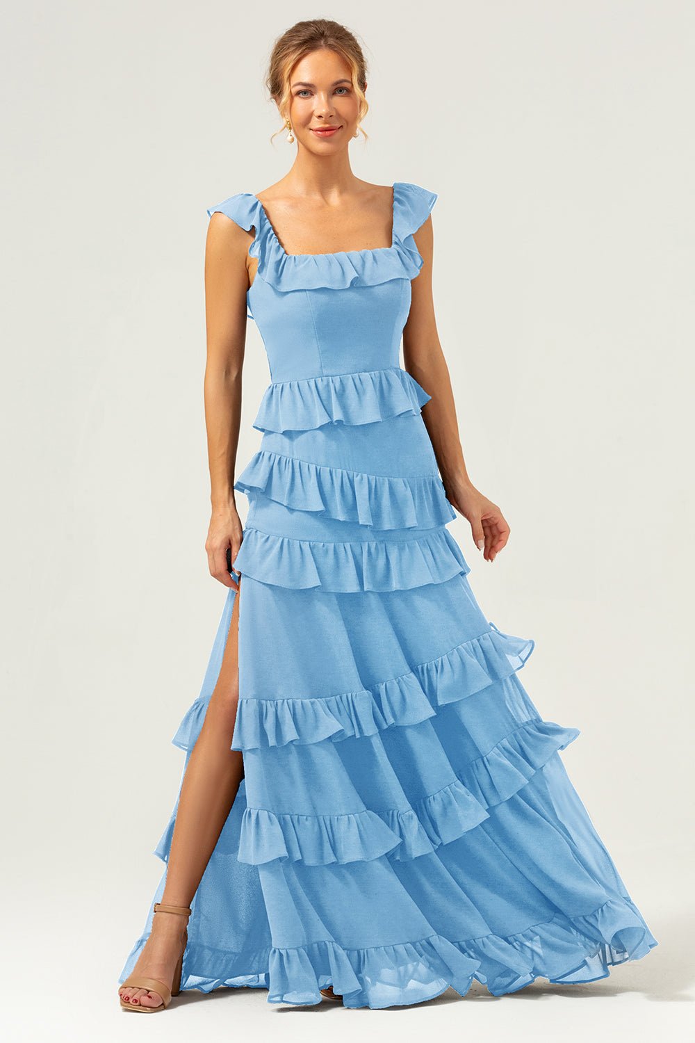 Dark Navy Tiered Chiffon A-Line Maxi Bridesmaid Dress with Ruffle Sleeves - Image 83