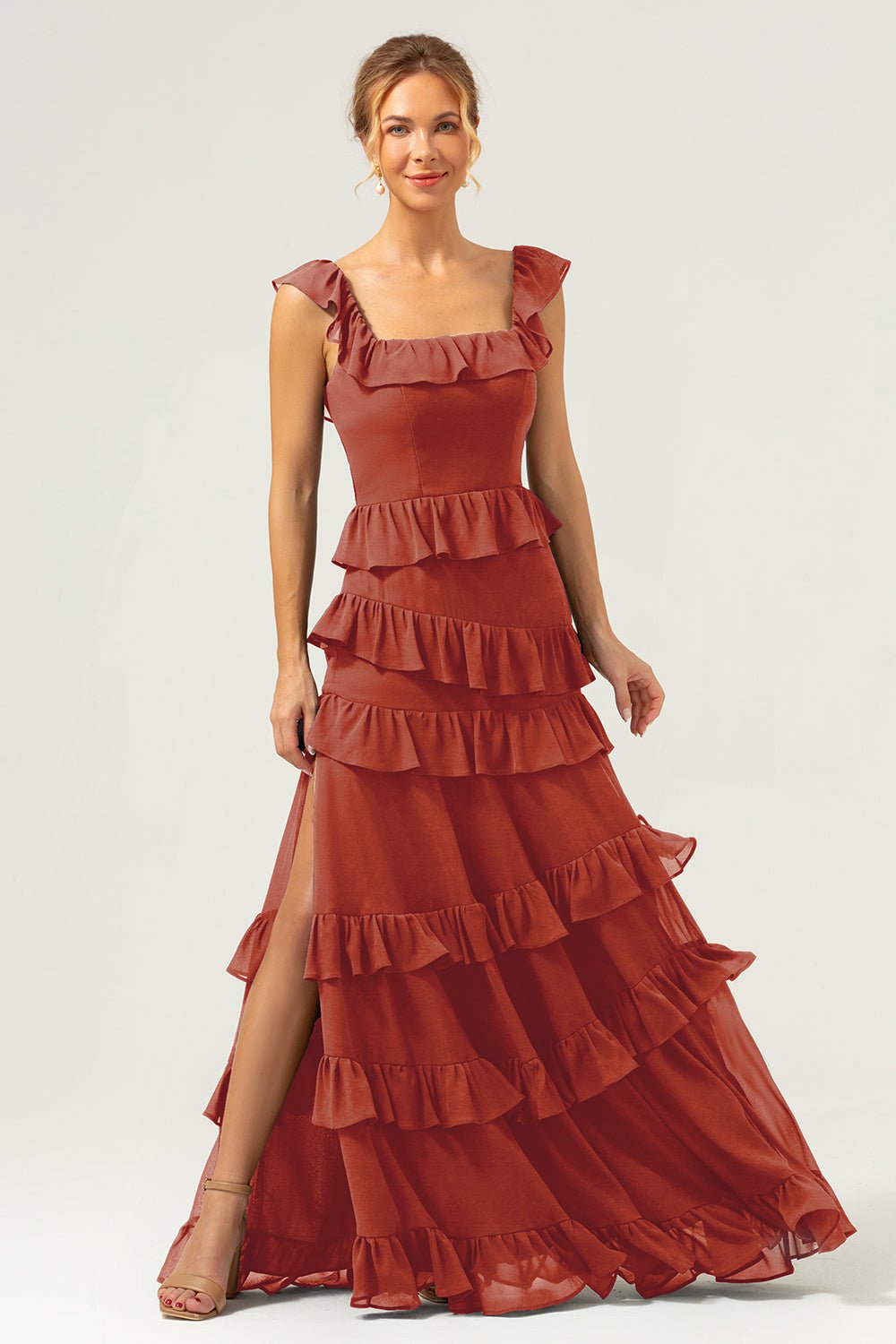 Dark Navy Tiered Chiffon A-Line Maxi Bridesmaid Dress with Ruffle Sleeves - Image 93